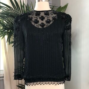 Rina diMontella Black Pleated Embellished Blouse size 12 100% silk